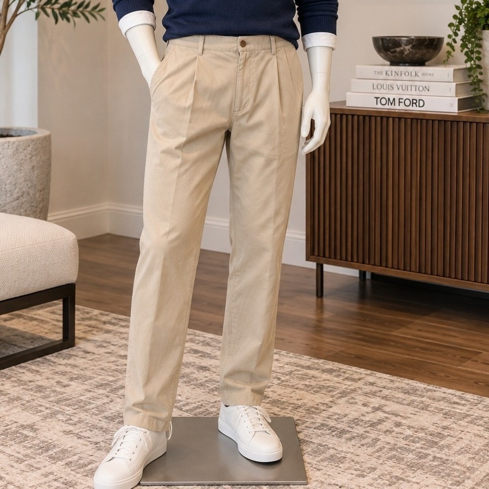 Lands End Mens Chino Pants Pleated Khaki Cotton Twill 31 Regular